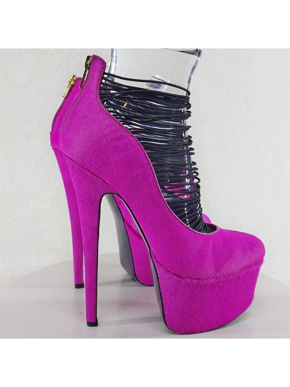 Hot Pink Furry Pony Hair Platform Stiletto Heels Shootie Bootie London Trash
